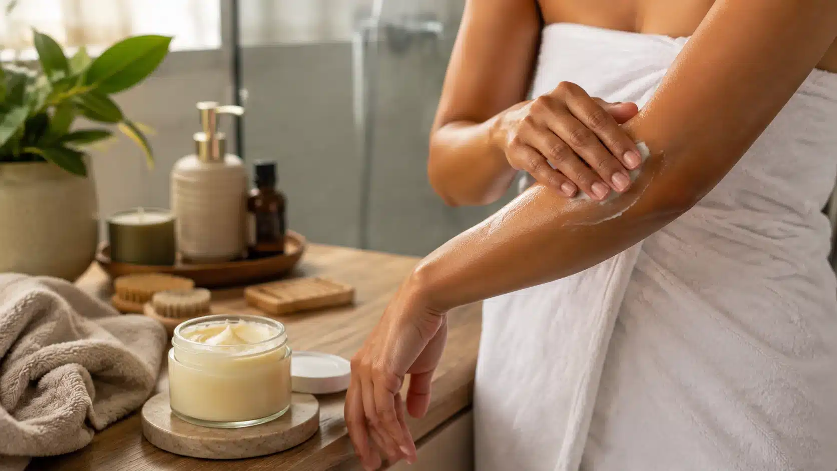shea butter skincare routine after shower with towel and moisturizer jar nearby