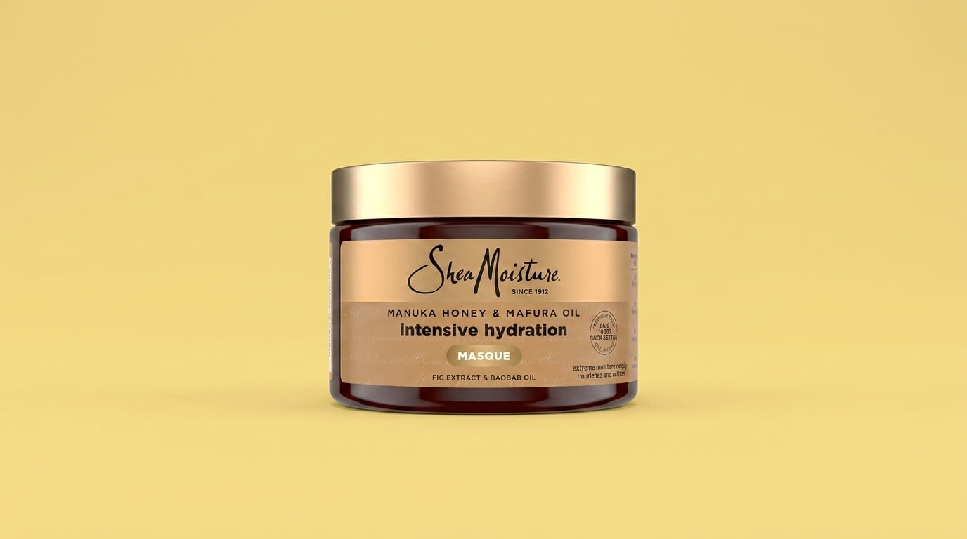 sheamoisture manuka honey and mafura oil intensive hydration masque jar shown against a warm yellow background