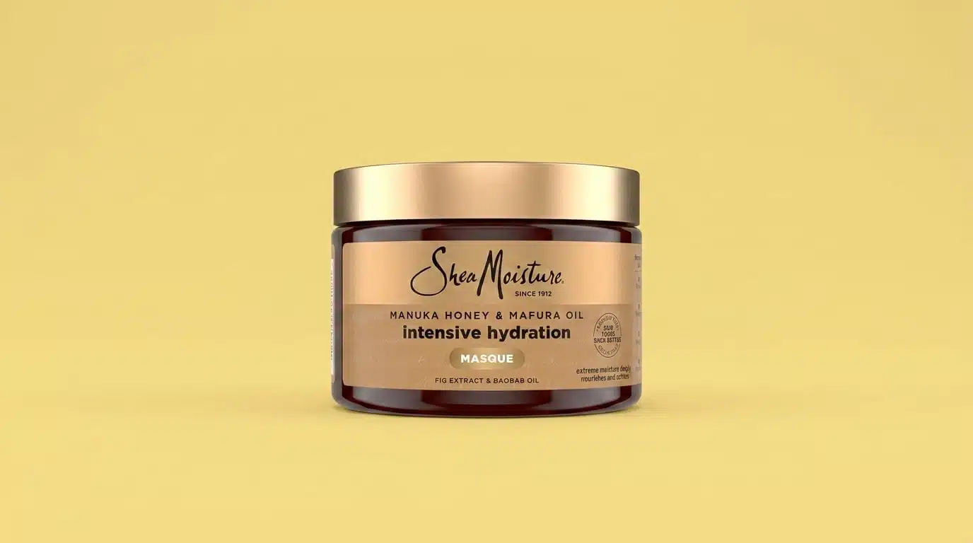 sheamoisture manuka honey and mafura oil intensive hydration masque jar shown against a warm yellow background
