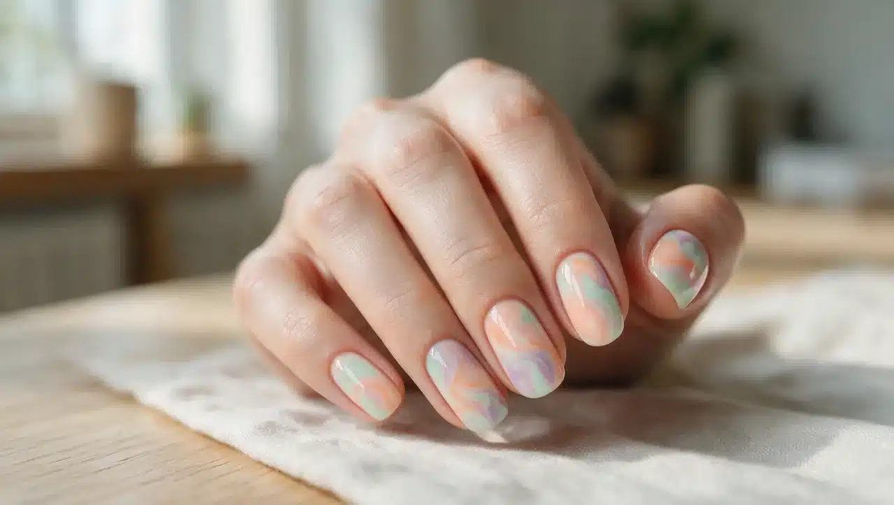 sherbet swirl marble nails with blended pastel summer colors