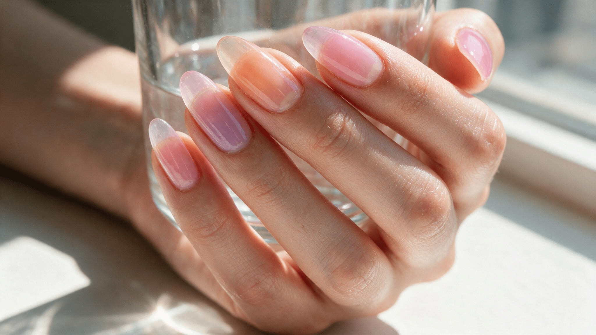 short almond nails with translucent jelly pink polish showing the natural nail underneath like softly colored glass