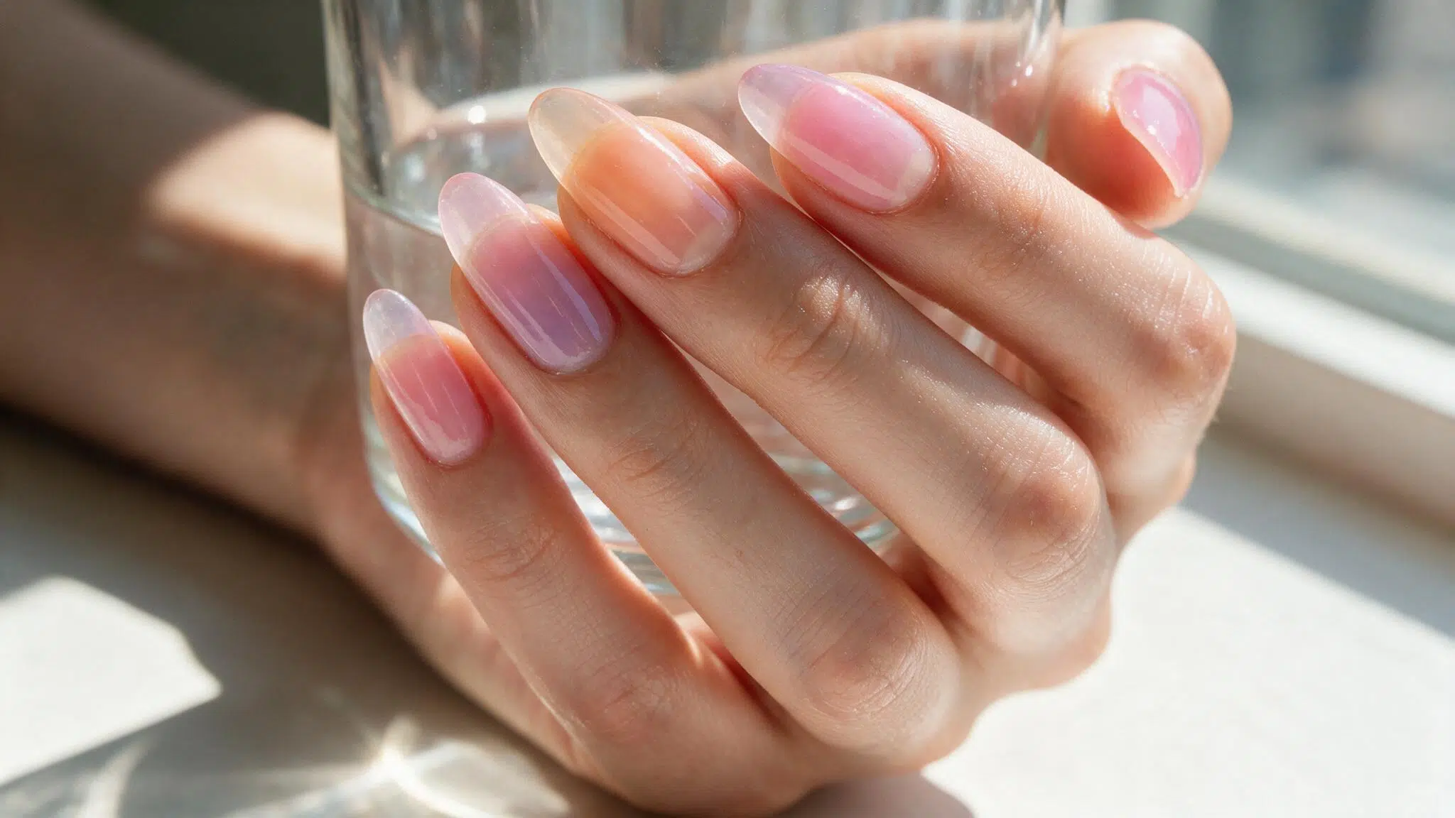 short almond nails with translucent jelly pink polish showing the natural nail underneath like softly colored glass