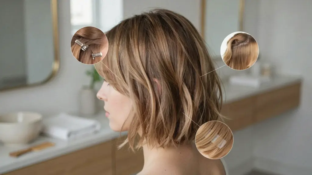 short bob hair with natural looking extensions in salon setting