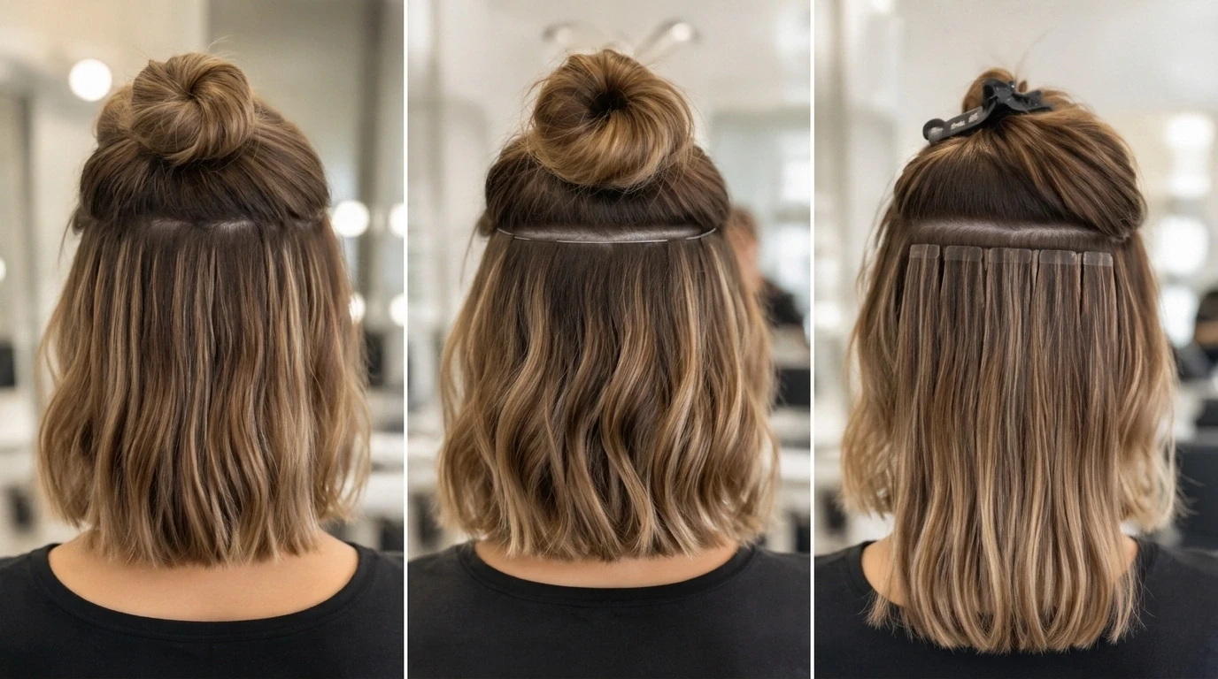 short hair extensions comparison from back view showing clip in halo and tape in methods