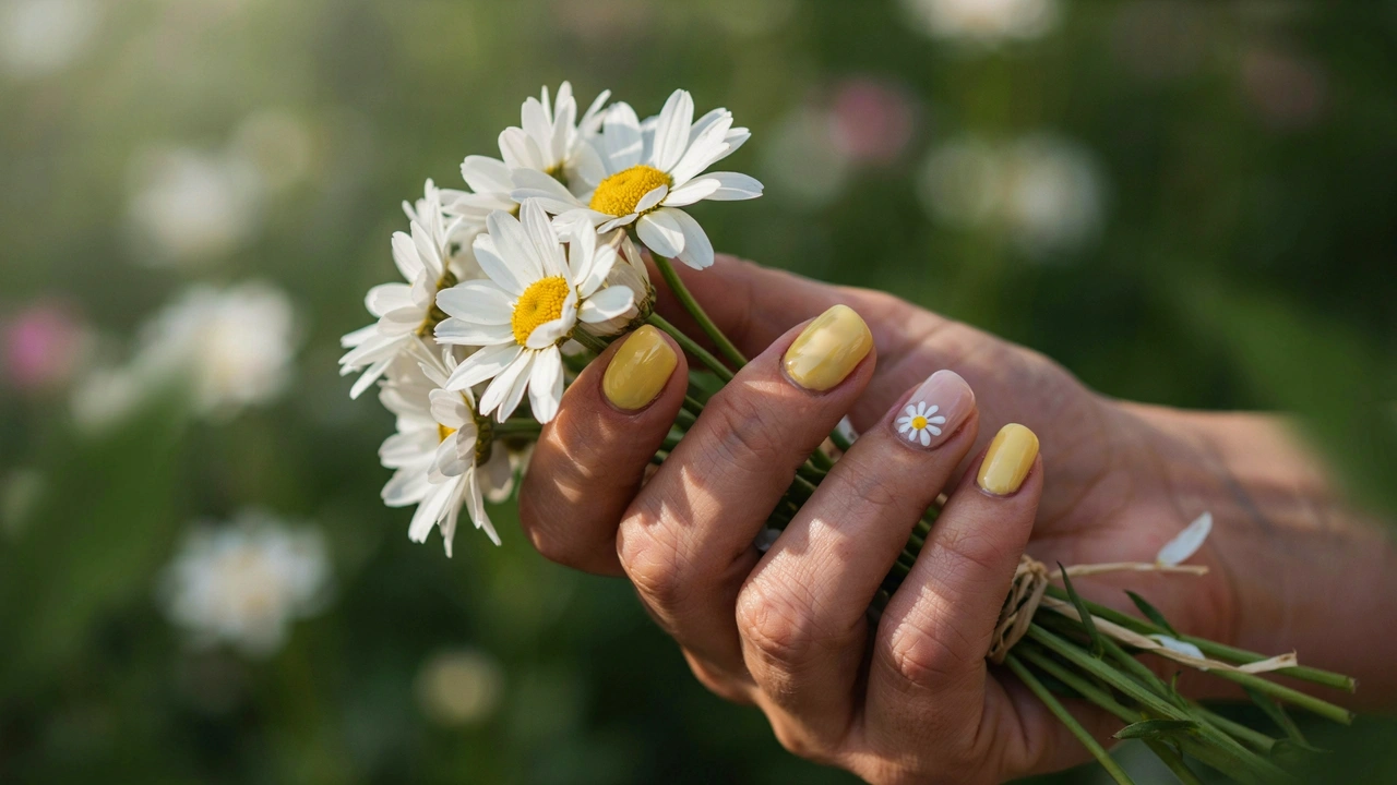 short oval butter yellow nails with daisy accents on hand against a garden background