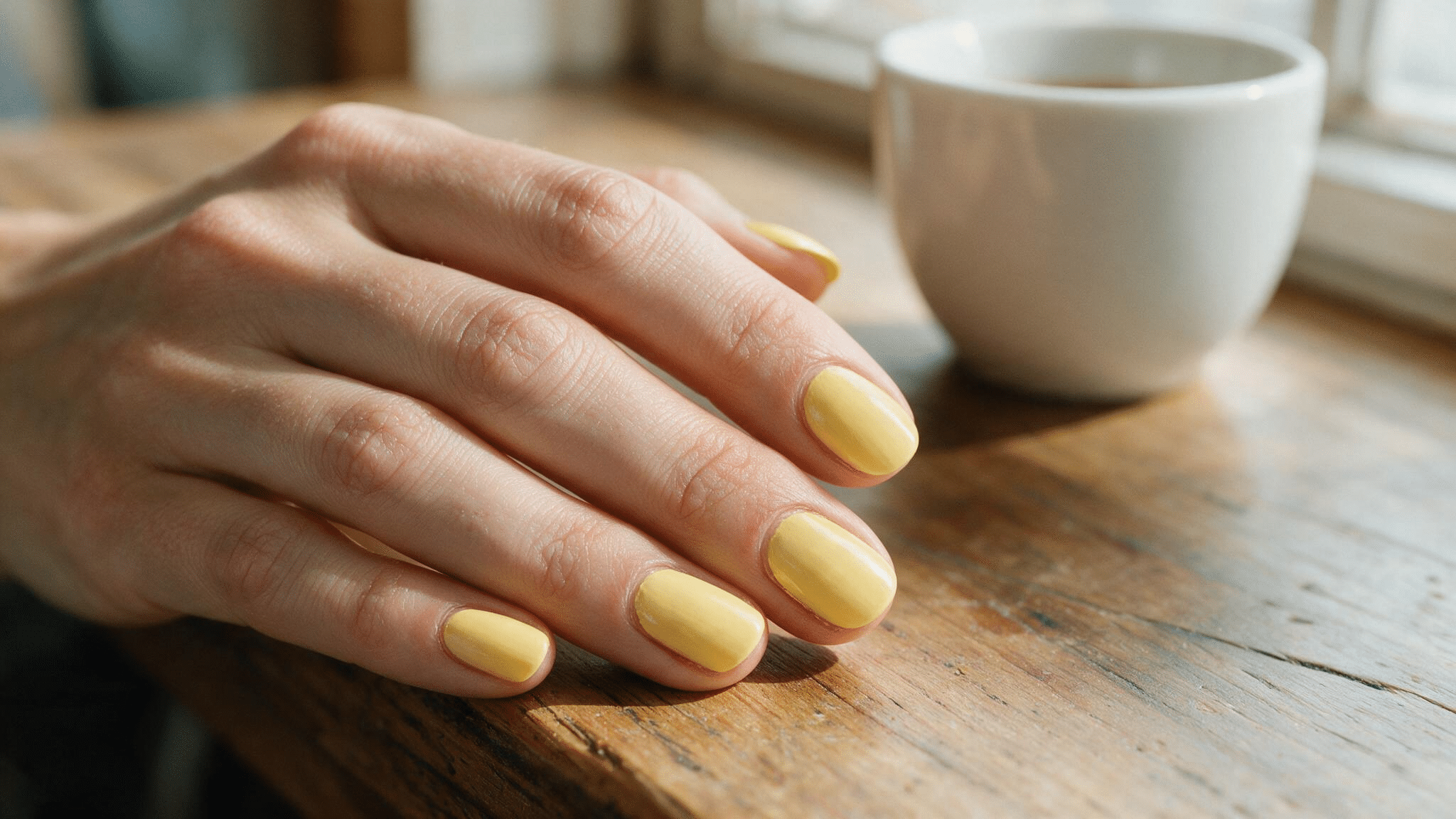 short oval nails painted a warm creamy butter yellow with a natural glossy finish resting beside a white coffee cup