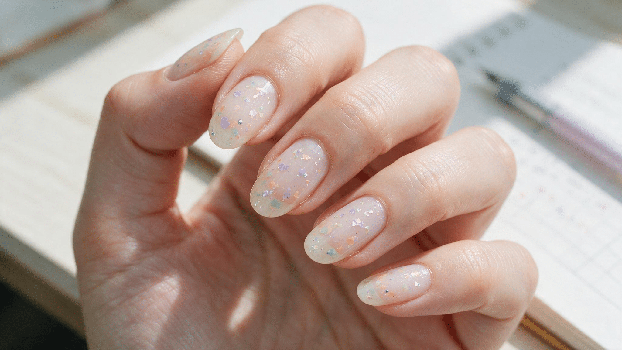 short oval nails with a clear milky base and tiny pastel confetti flecks in lavender peach mint yellow and silver