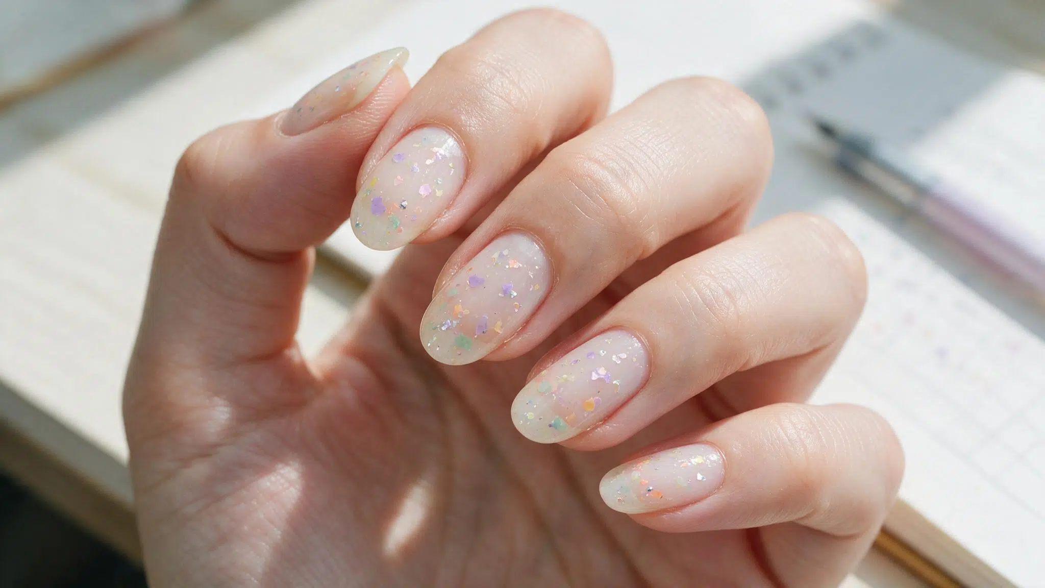 short oval nails with a clear milky base and tiny pastel confetti flecks in lavender peach mint yellow and silver