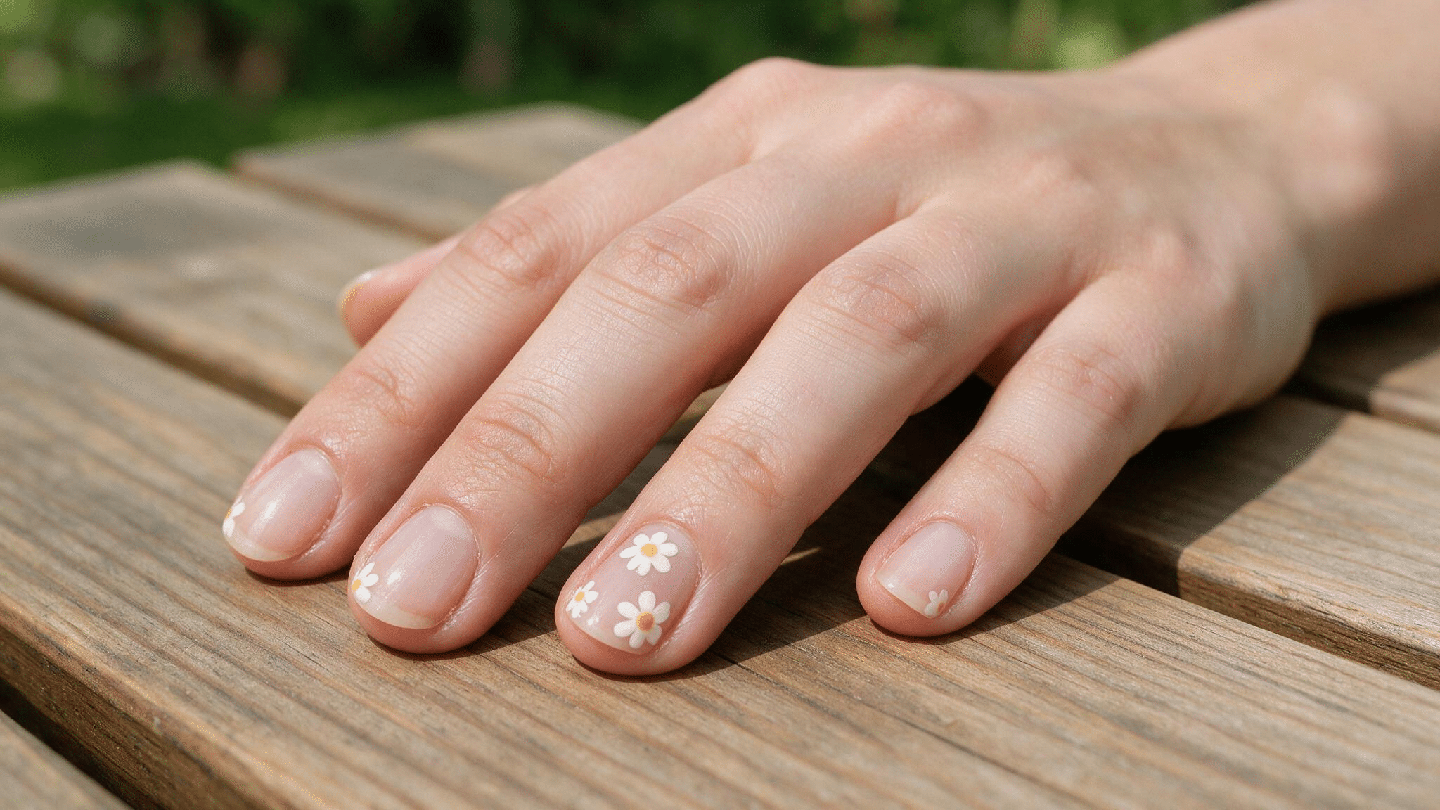 short oval nails with a clear pink base and small white daisies with warm yellow centers painted on two accent nails