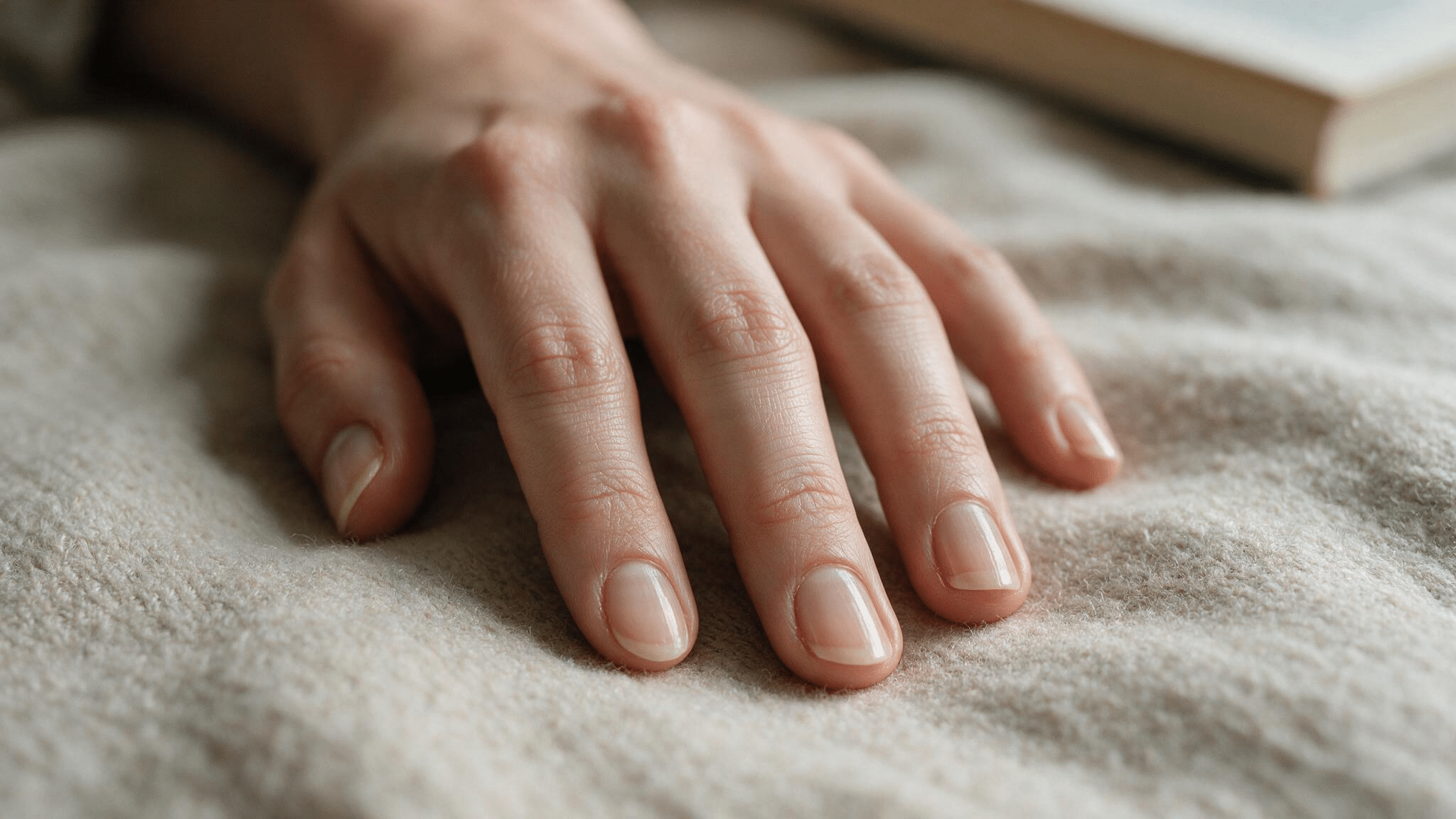 short oval nails with a natural nude base and barely visible cream tips resting on a textured neutral blanket with real skin
