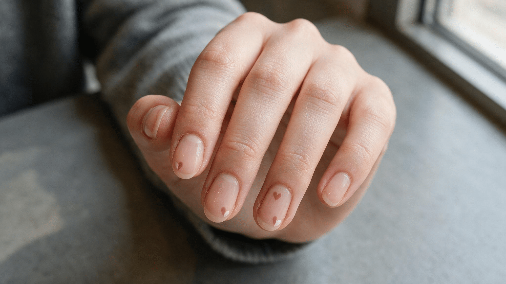 short oval nails with a sheer blush base and tiny dusty rose heart outlines placed near the cuticles and nail tips
