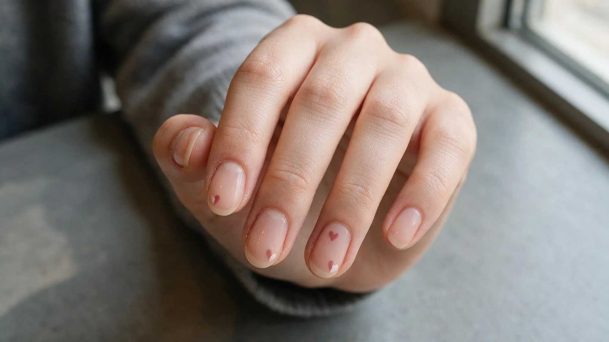 short oval nails with a sheer blush base and tiny dusty rose heart outlines placed near the cuticles and nail tips