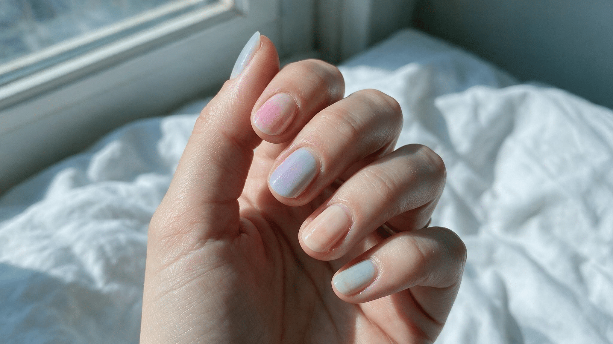 short oval nails with sheer milky pink lilac blue mint and peach pastel polish resting on rumpled white cotton bedding