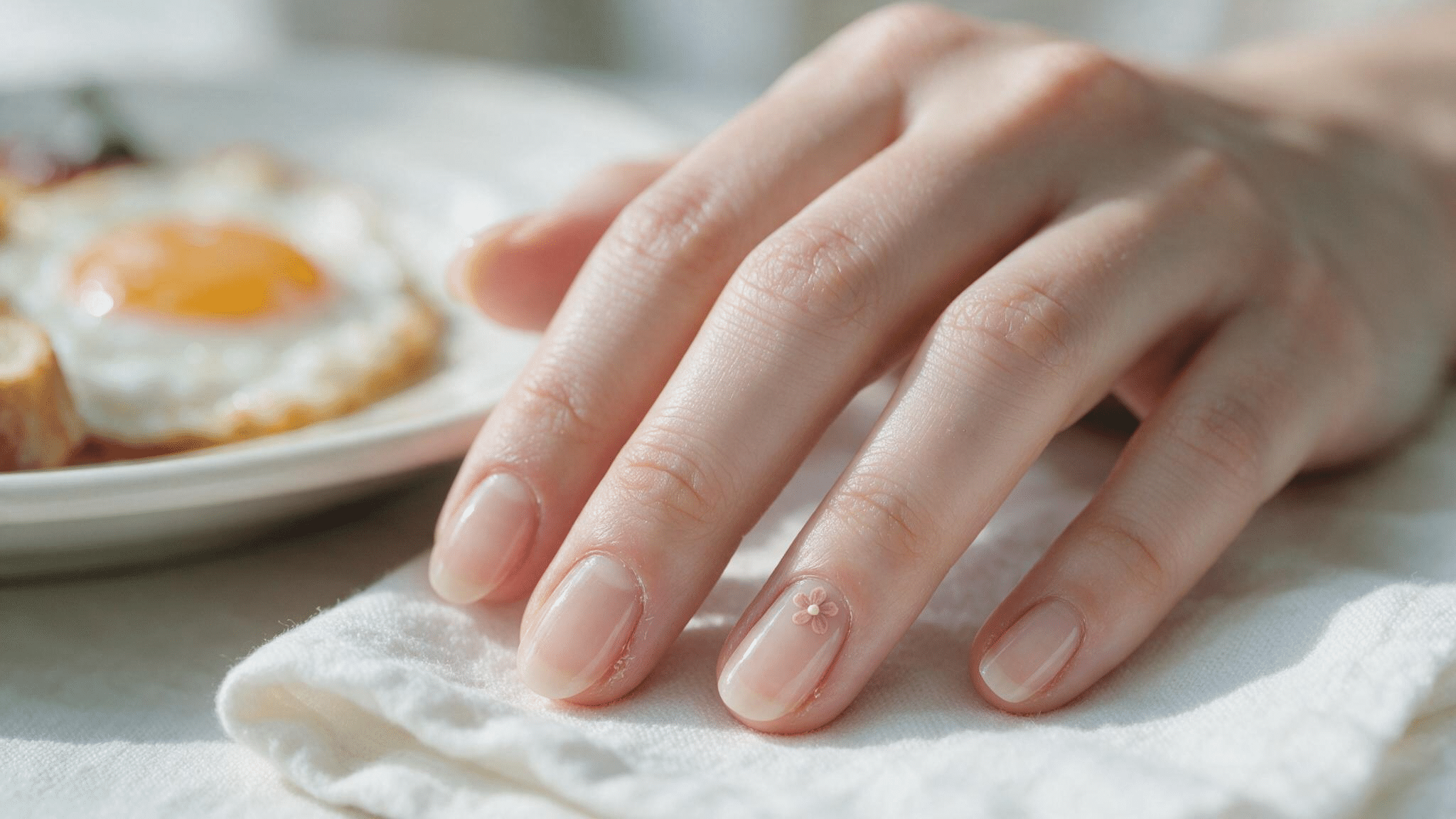 short oval nails with sheer nude polish and a tiny dusty pink flower painted near the cuticle on one accent finger