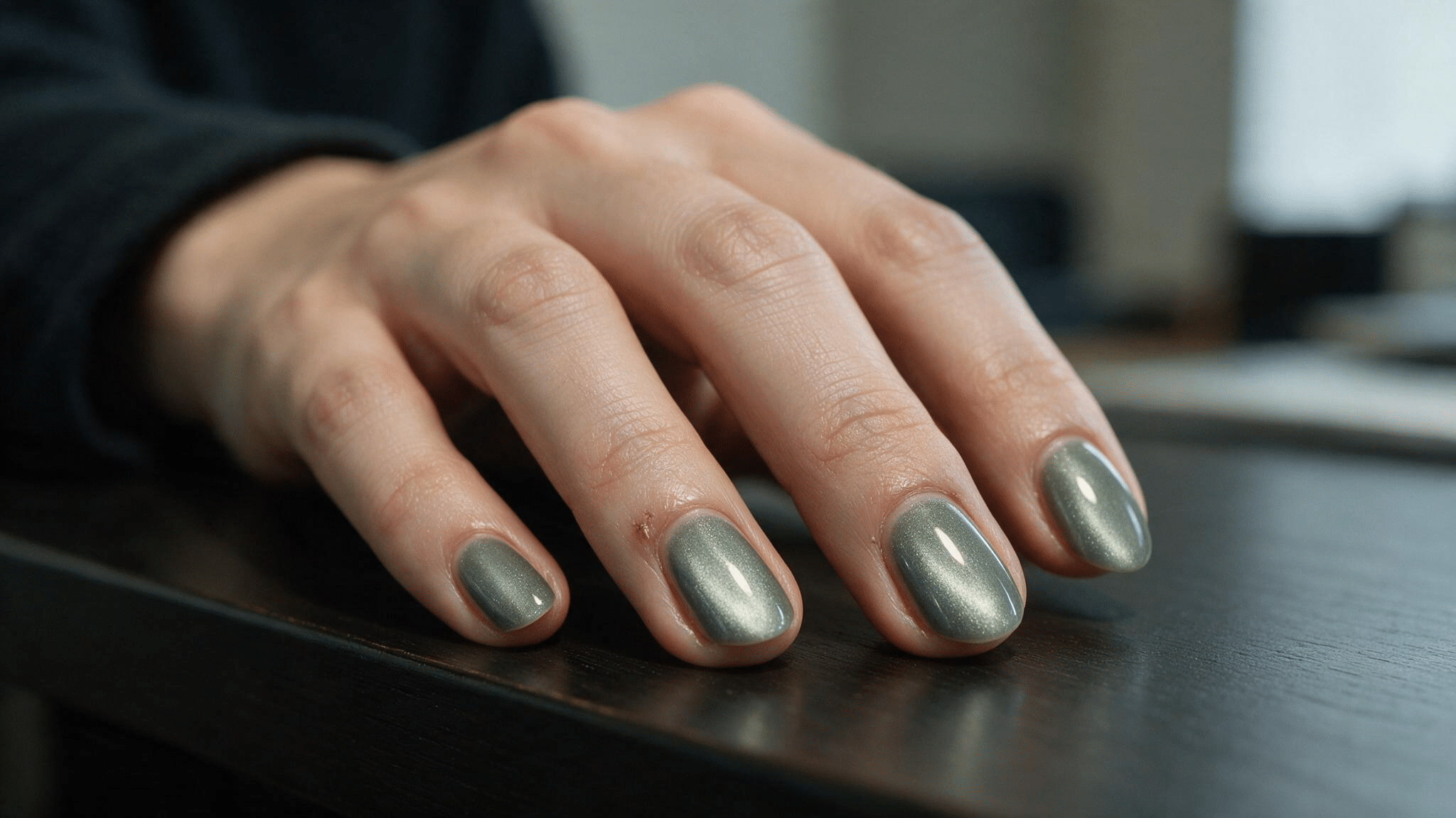 short oval nails with smoky lavender magnetic cat eye polish and a restrained brushed metallic light effect