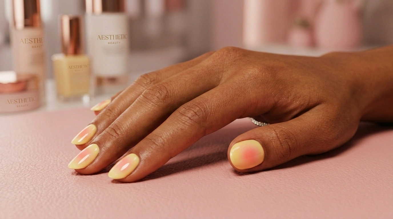 short rounded nails with pink and yellow aura design on deep brown skin