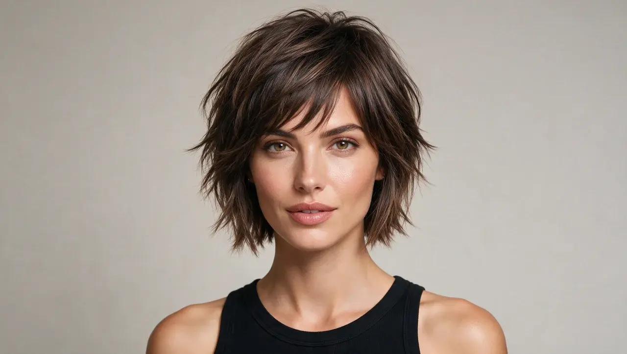 short shag haircut with cropped textured layers and soft face framing pieces showing natural volume and movement