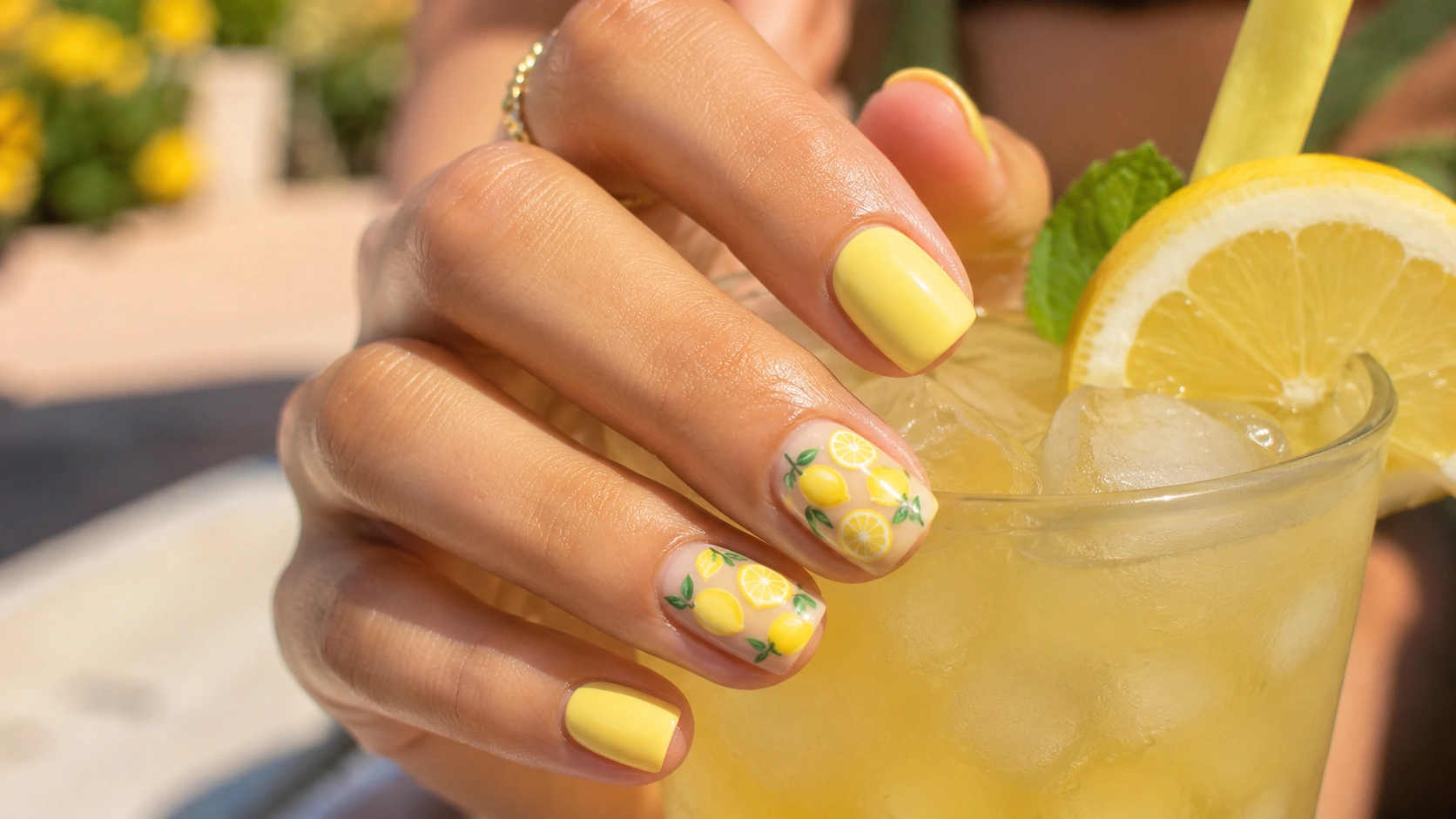 short square butter yellow nails with lemon print accent summer manicure