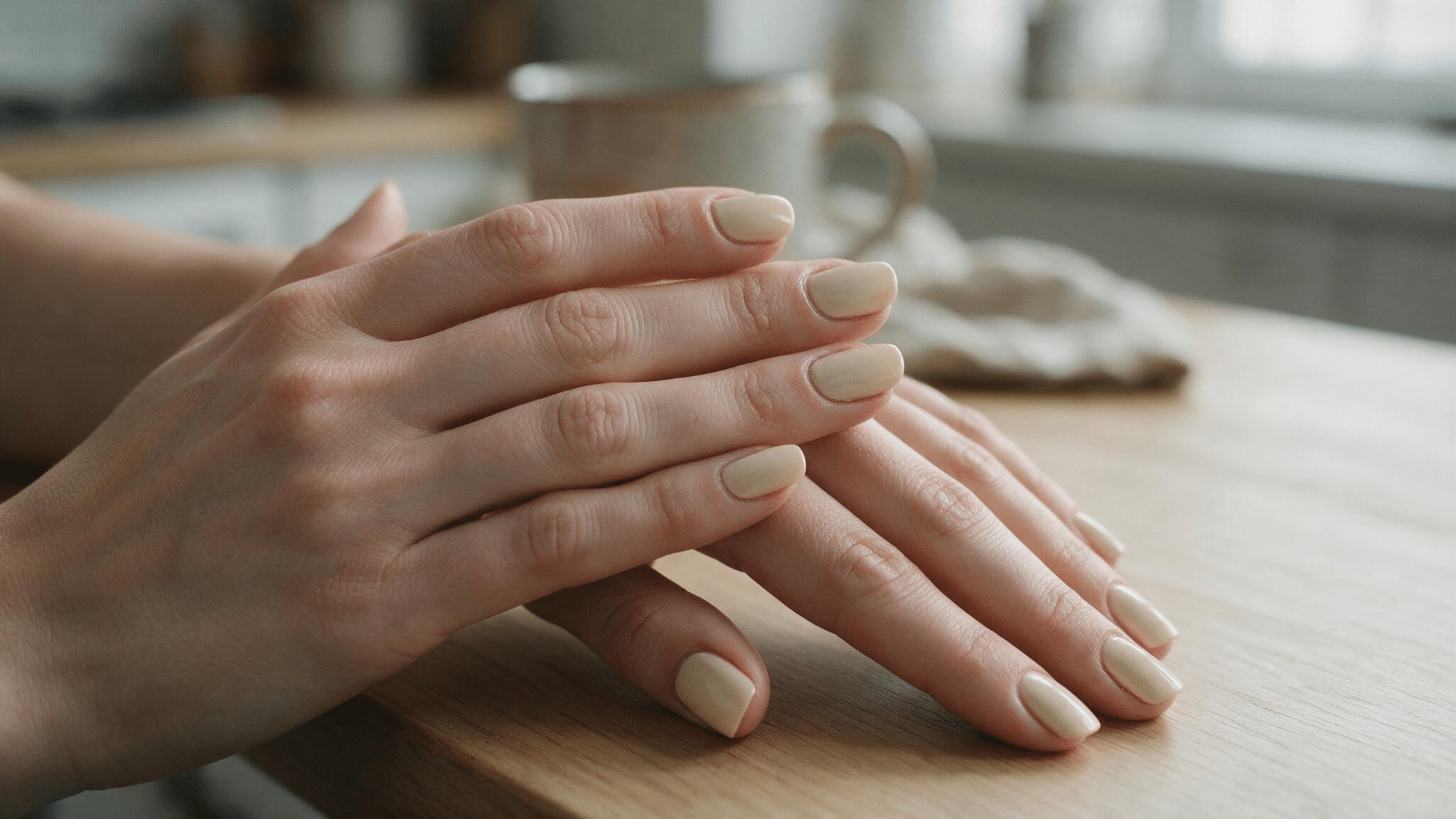 short squoval nails painted warm ivory cream with a soft semi gloss finish resting naturally on a light wooden table