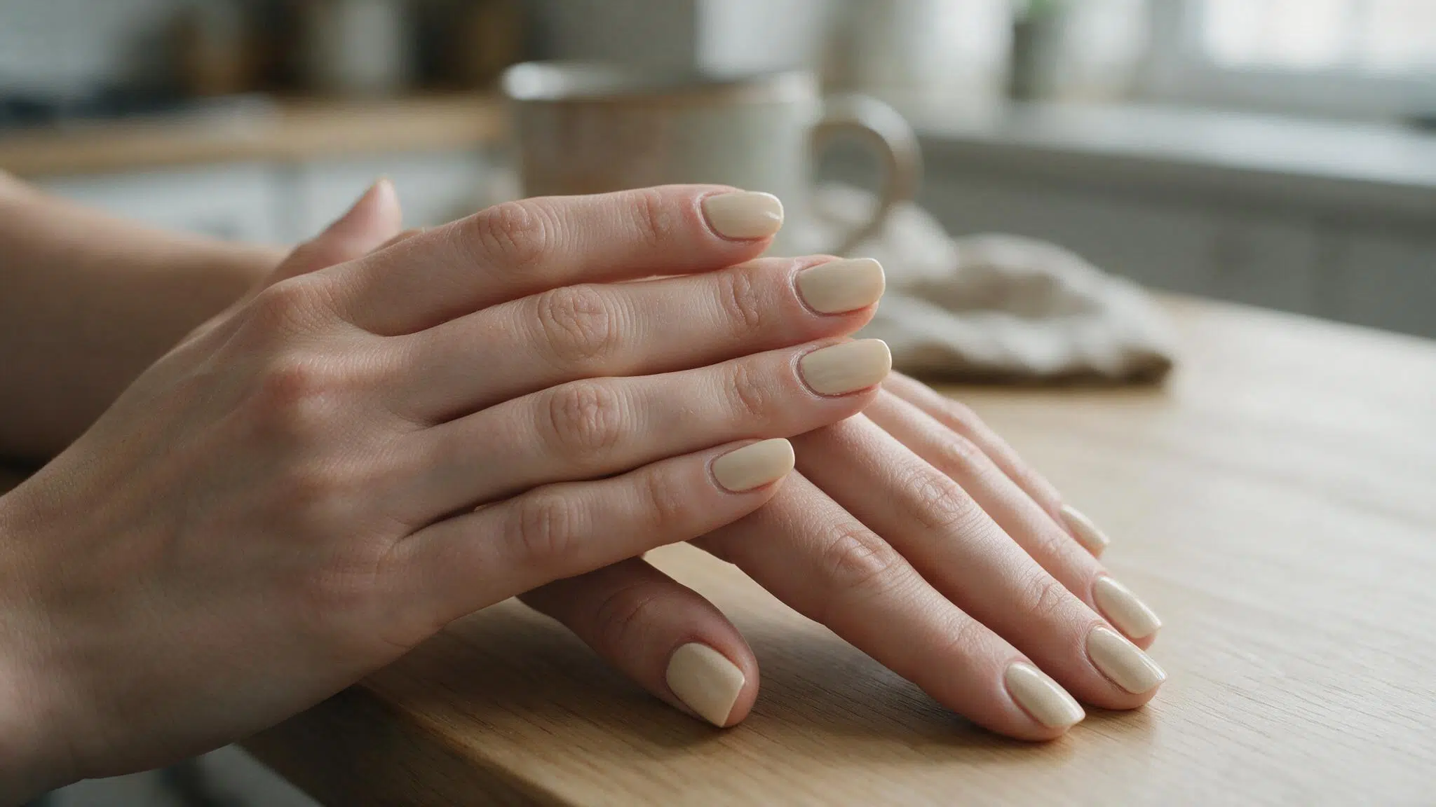 short squoval nails painted warm ivory cream with a soft semi gloss finish resting naturally on a light wooden table