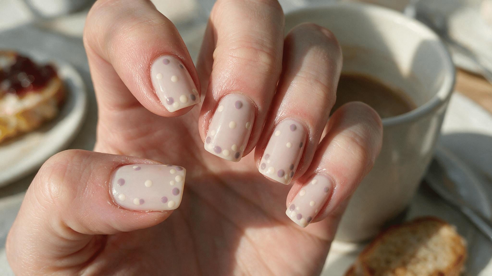 short squoval nails with a soft nude base and small lilac and cream polka dots arranged across selected accent nails