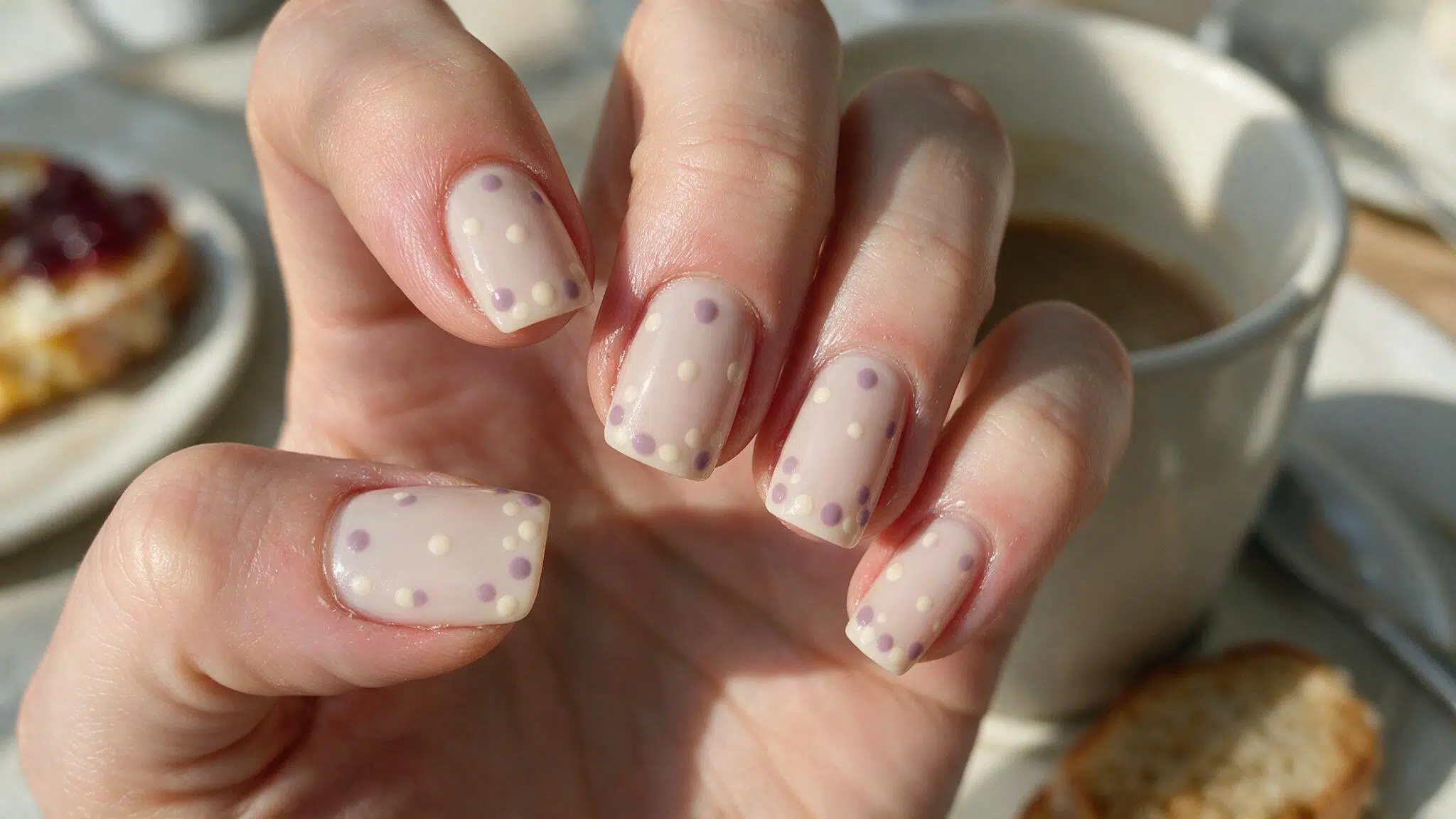 short squoval nails with a soft nude base and small lilac and cream polka dots arranged across selected accent nails