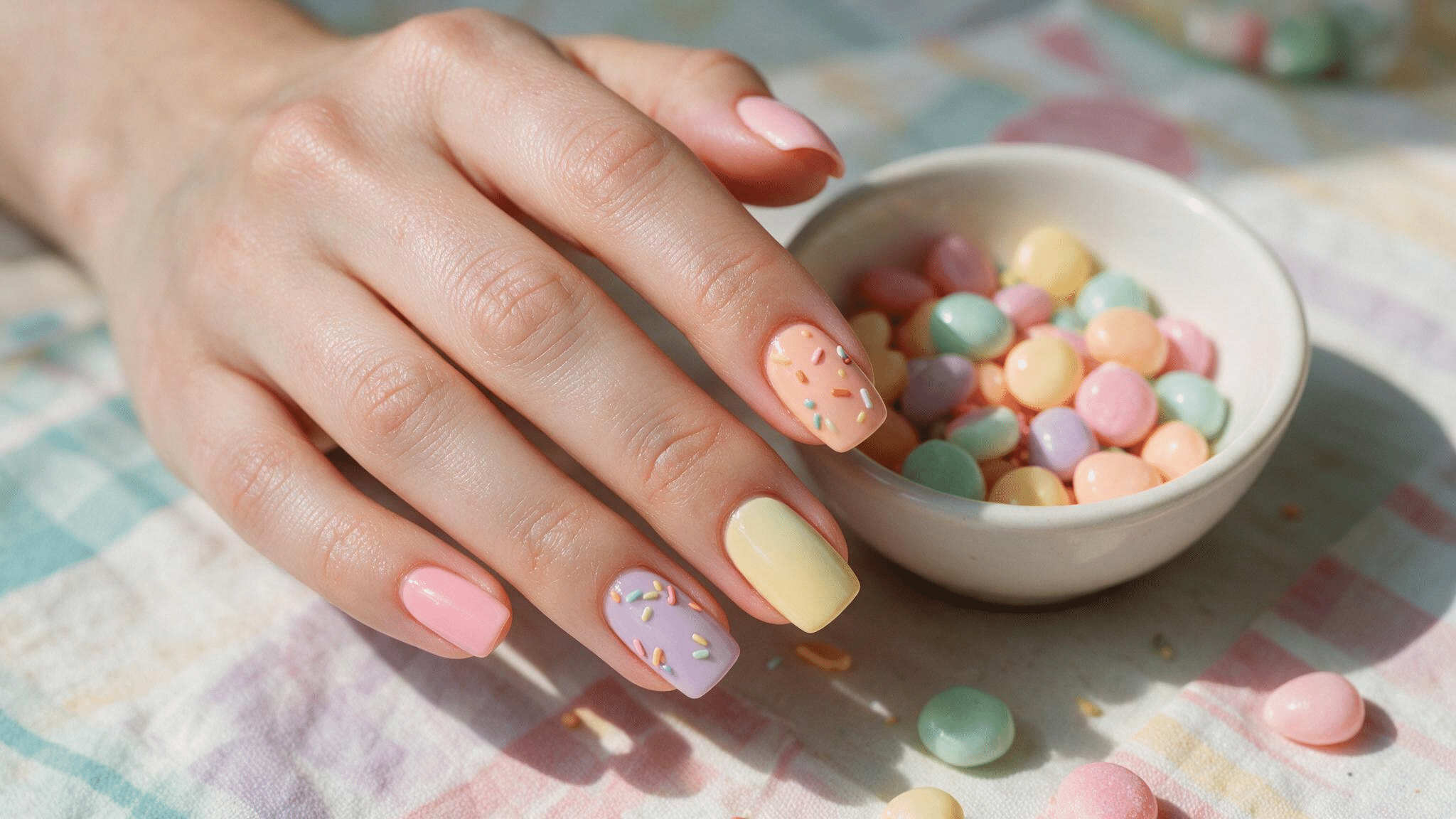 short squoval nails with glossy pastel candy colors and tiny sprinkle and swirl details painted on selected nails