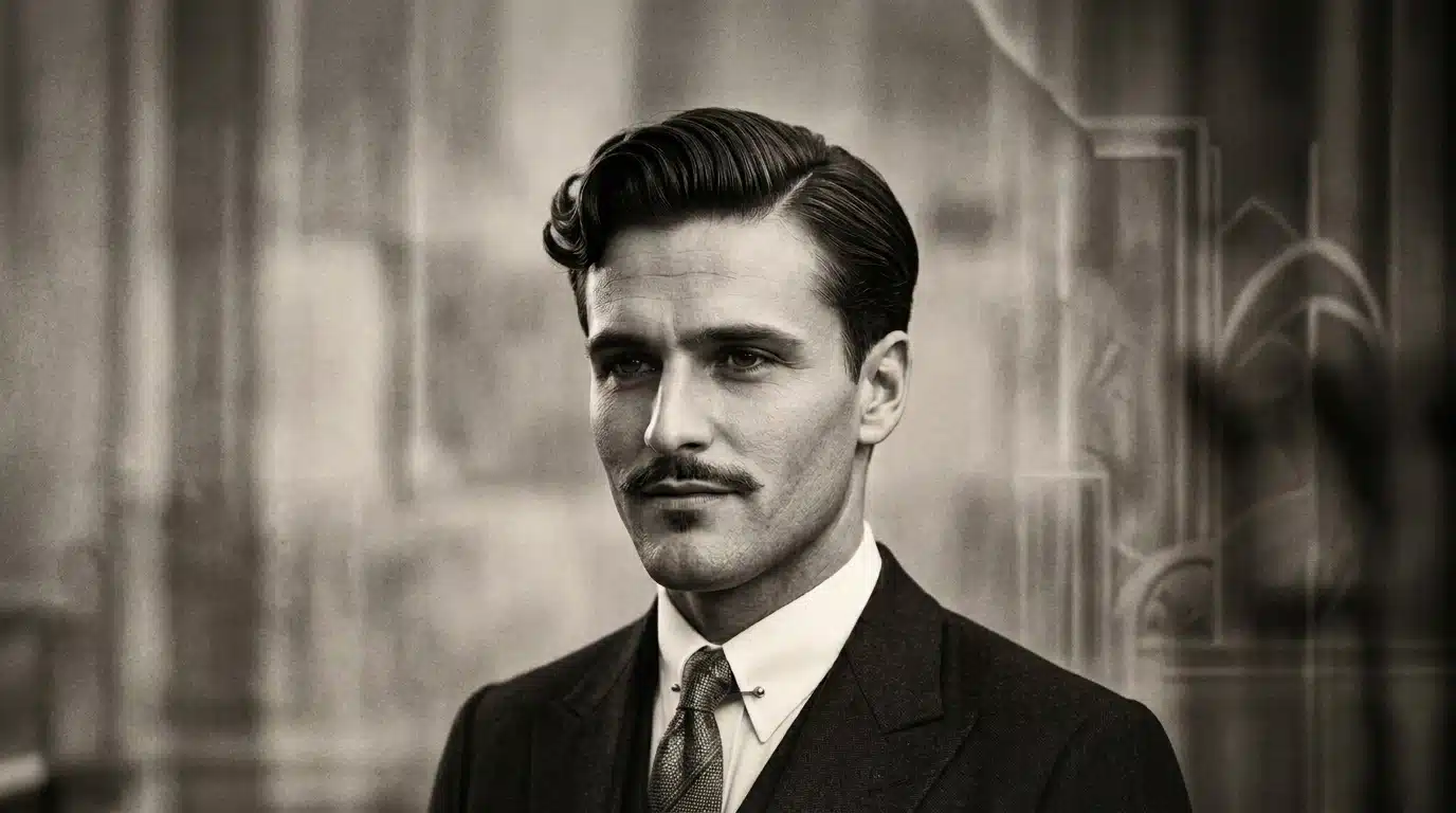 side part hairstyle with controlled front wave and tapered sides