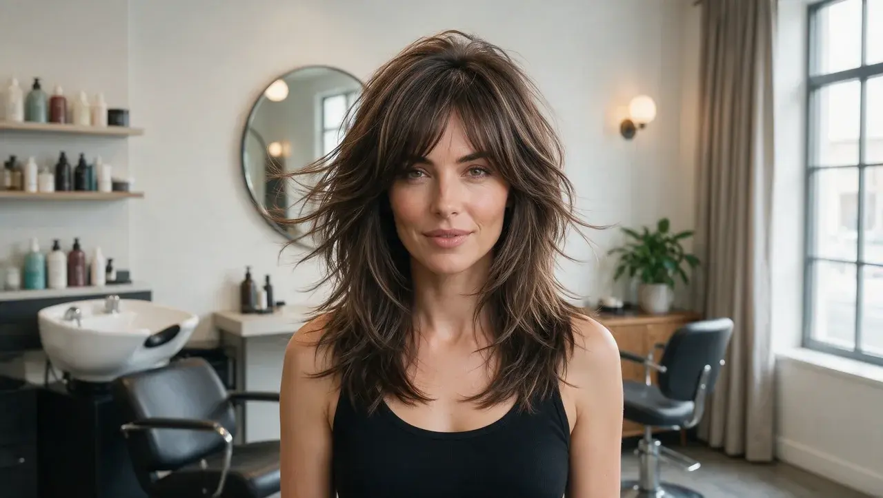 side parted shag haircut with layered bangs and crown volume