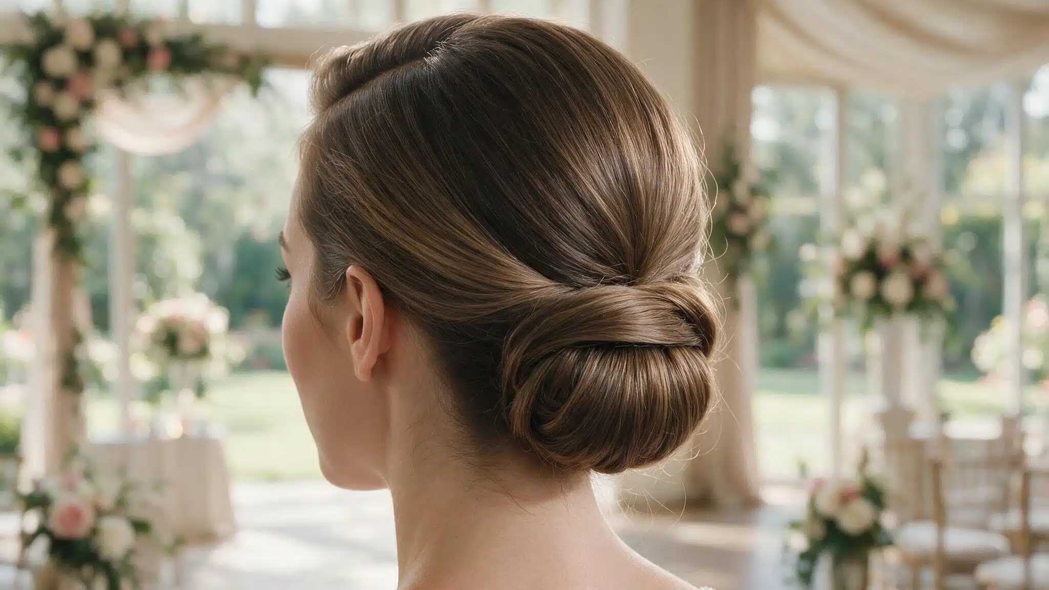 side parted wedding hairstyle with a tucked roll secured neatly across the nape