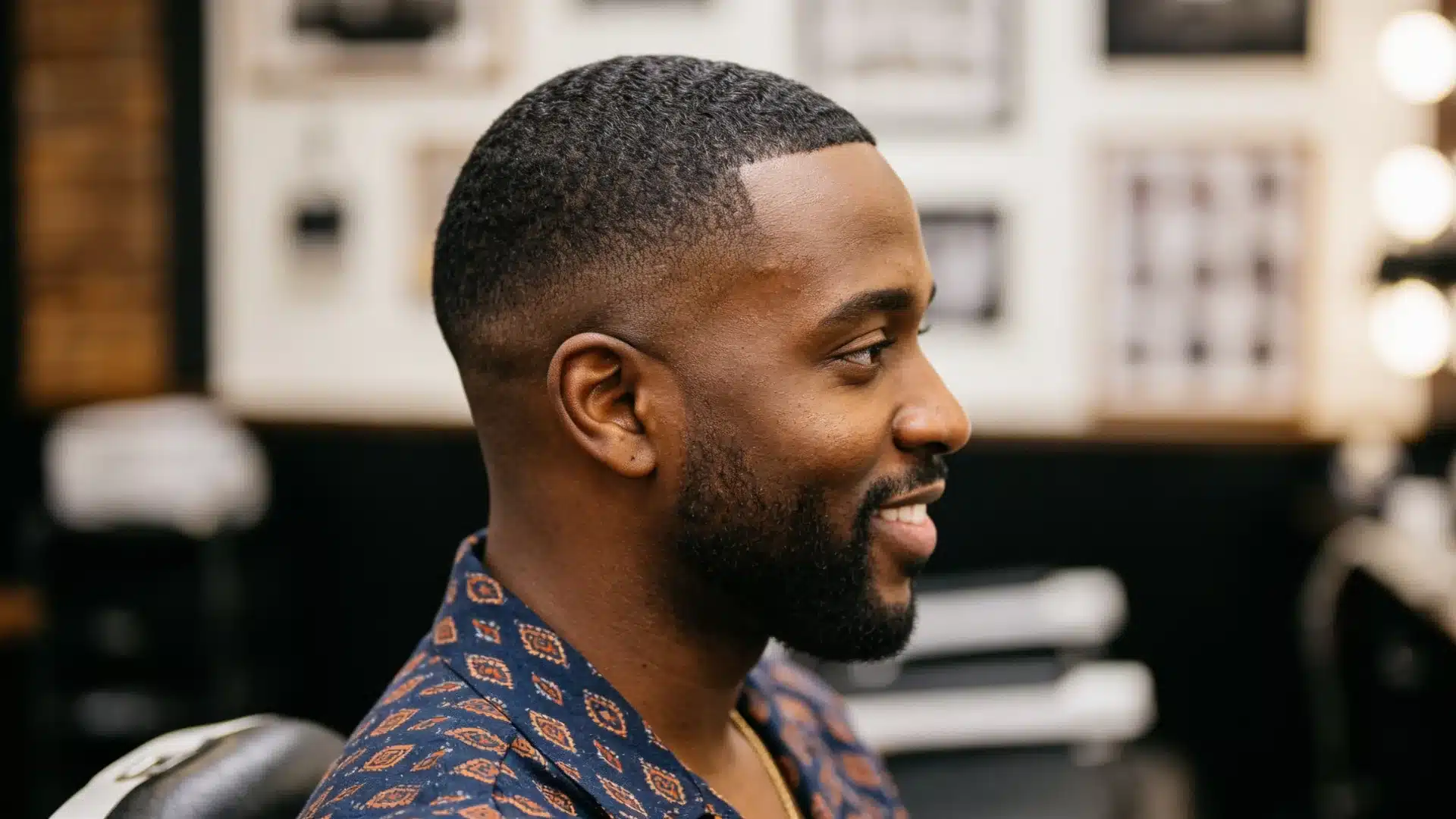 Side profile of a Black man with a mid fade, 360 waves, and a neat beard