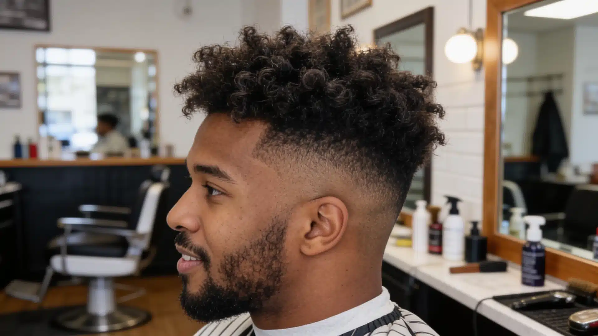 Side profile of a man with a mid fade and curly afro