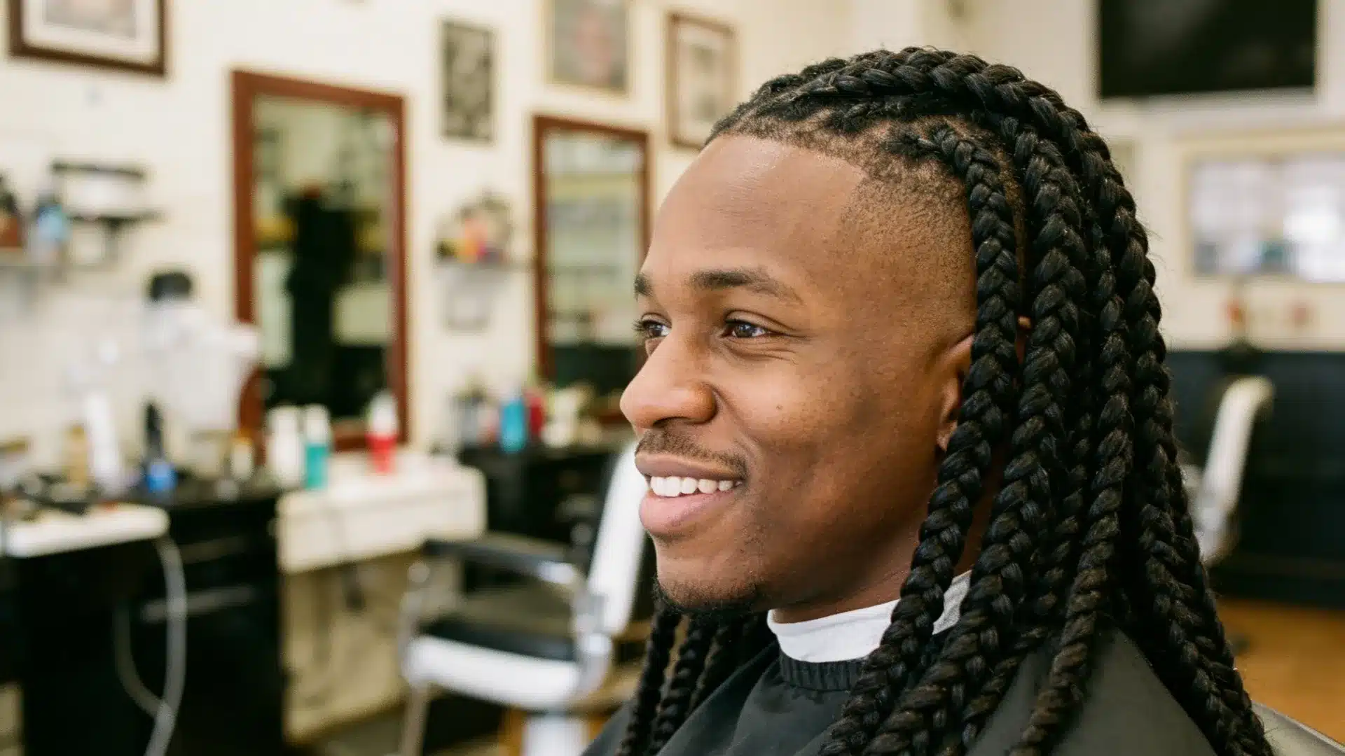 Side profile of a smiling man with a mid fade and long braids
