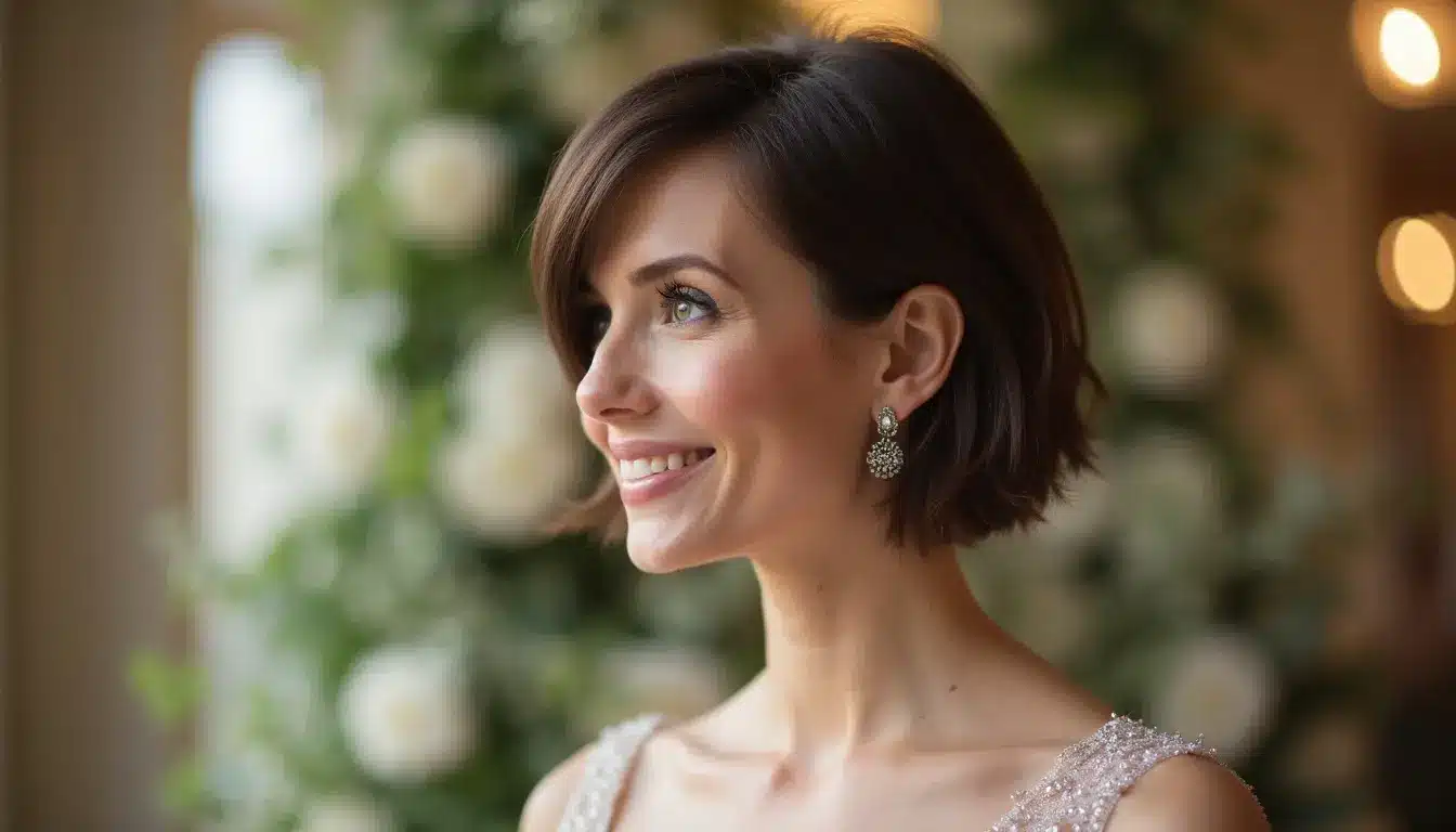 side swept pixie bob haircut with soft volume and layers for wedding guest hairstyle
