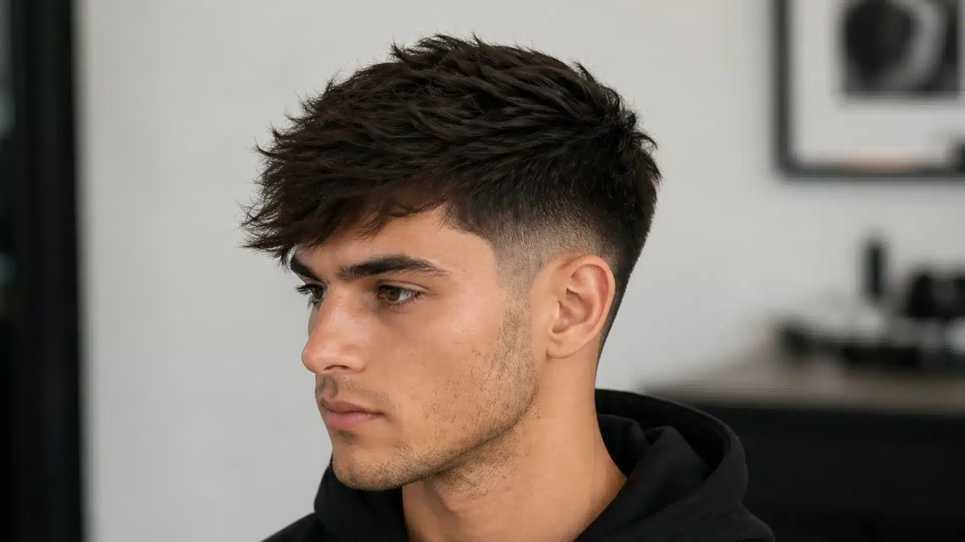 Side profile of a man with a messy textured fringe and a mid-skin fade, wearing a black hoodie.