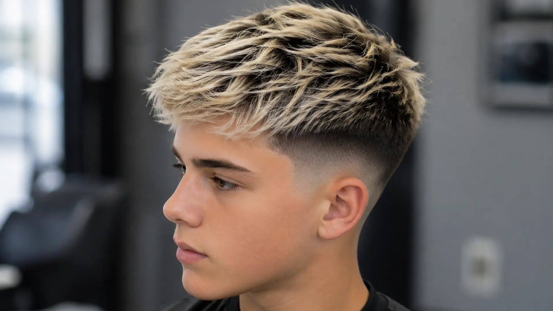 Side profile of a man with a textured, bleach-blonde crop hairstyle and a sharp mid-skin fade.