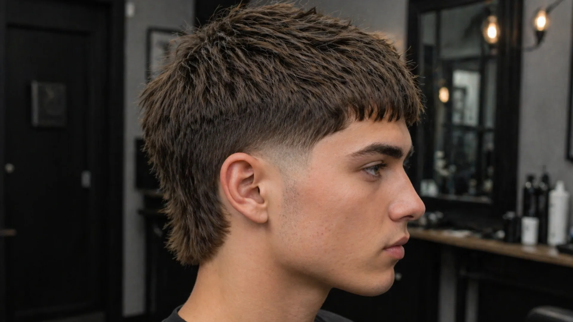 Side profile of a man with a textured modern mullet haircut and a temple fade in a barbershop.