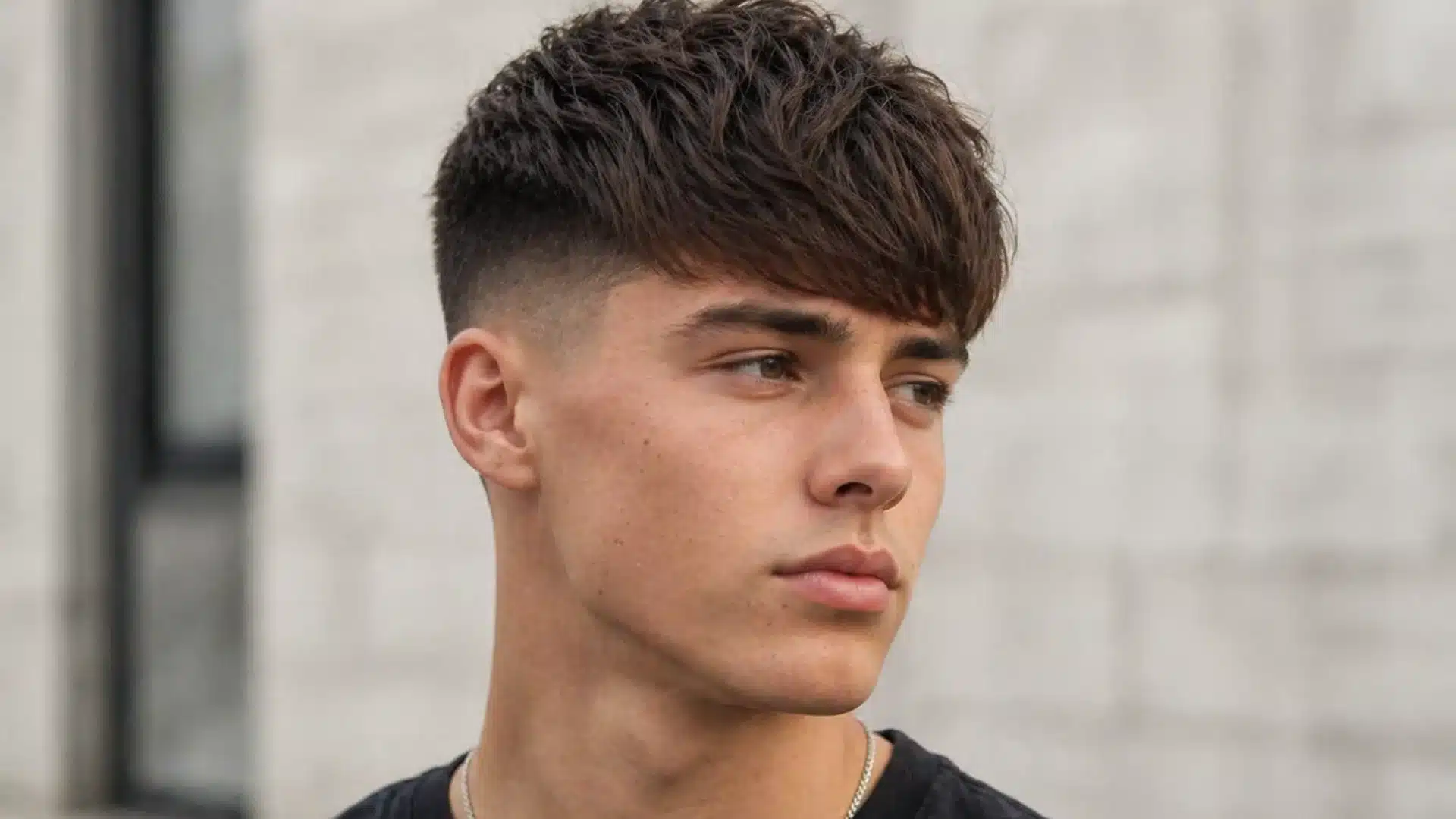 Side profile of a man with a wavy textured crop haircut and a high skin fade, wearing a black t-shirt and silver chain.