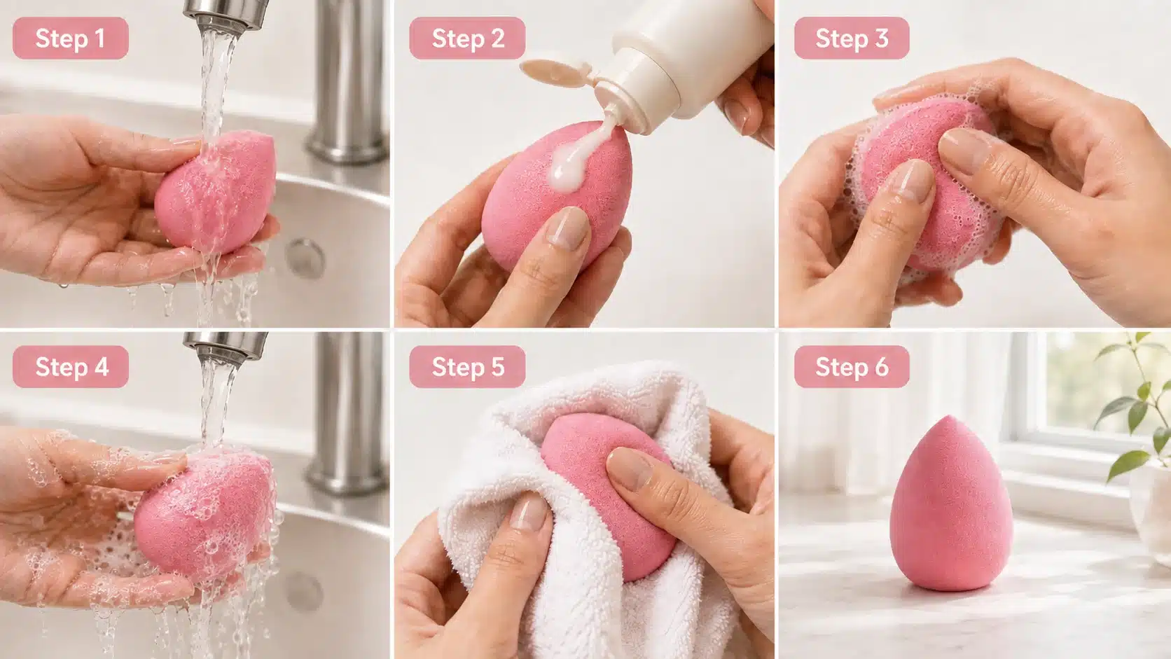 six step infographic showing how to wash rinse towel dry and air dry a pink makeup sponge