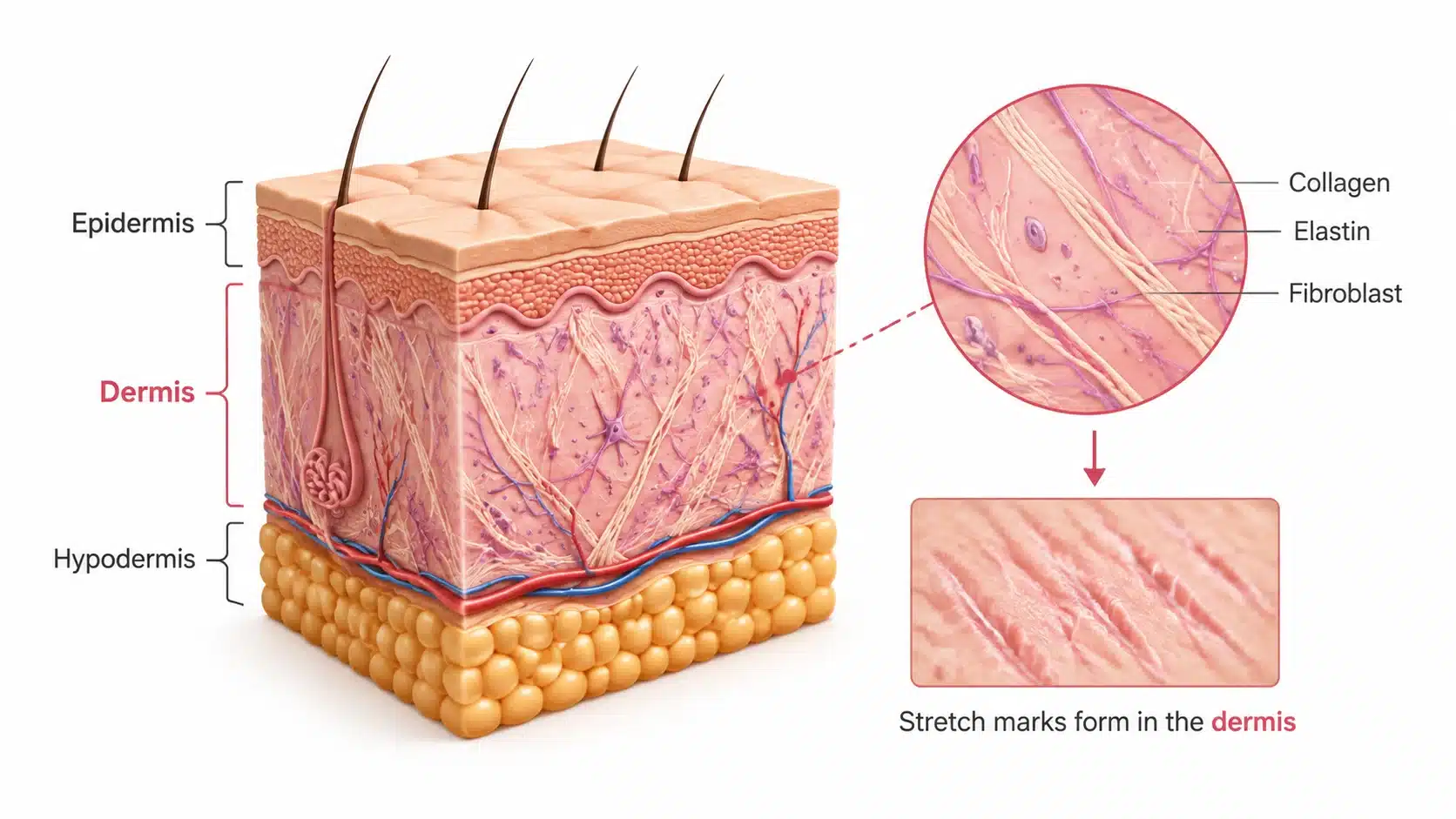 skin layers showing where stretch marks form