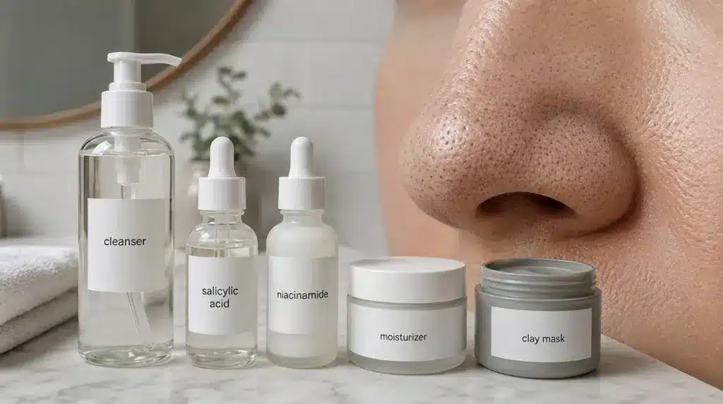 skincare-products-with-cleanser-serums-moisturizer-and-clay-mask-beside-closeup-skin