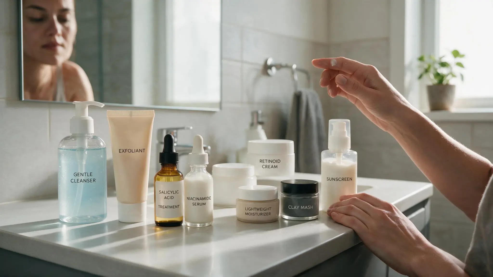 skincare routine with cleanser serum moisturizer and treatments for clogged pores care
