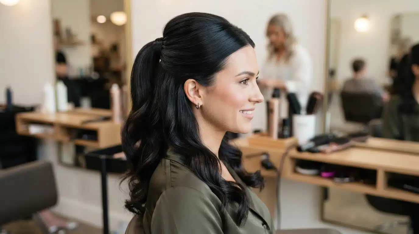 sleek half up ponytail with smooth black hair on white american woman salon