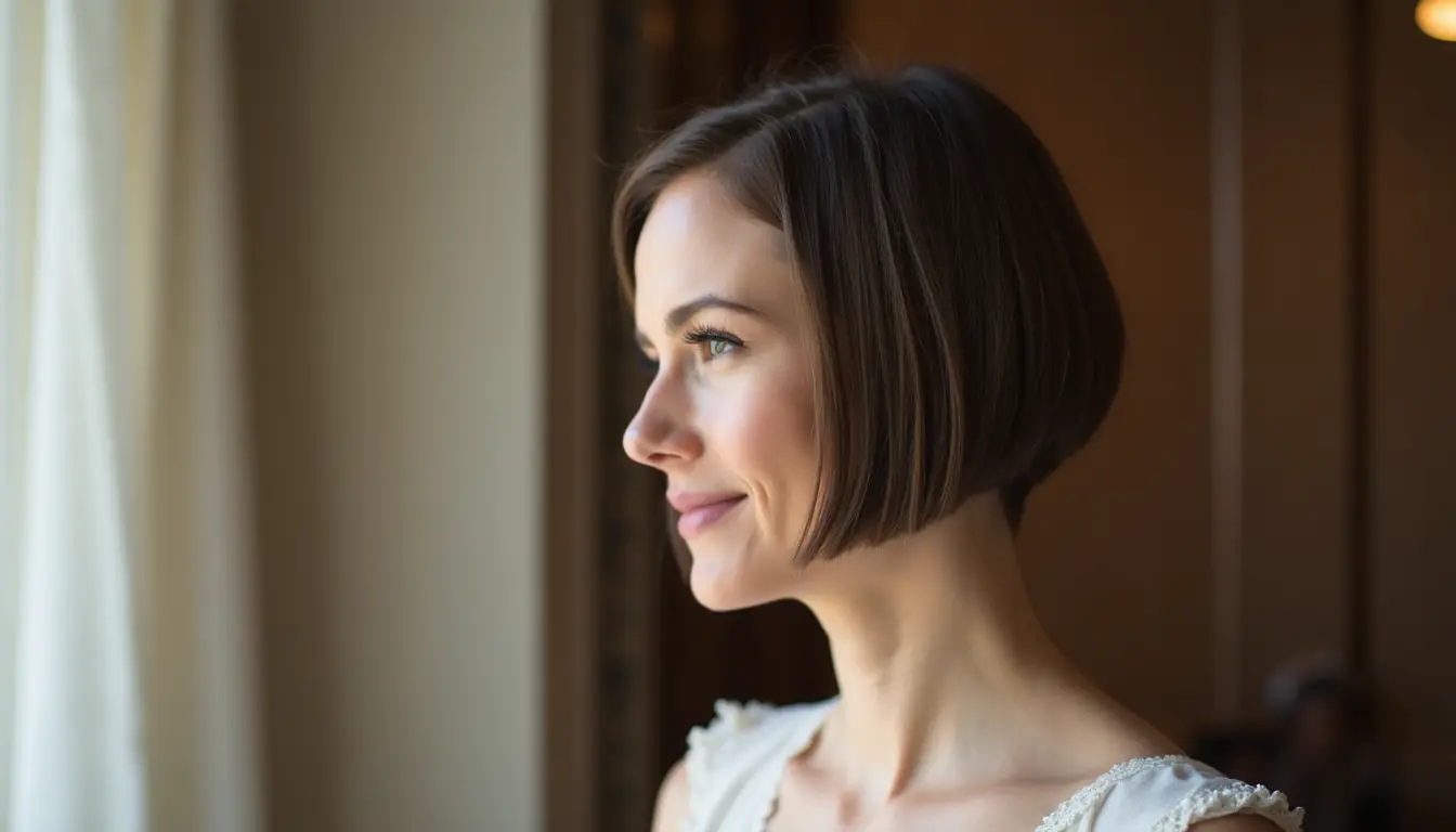 sleek pixie bob haircut with smooth side part at a wedding event