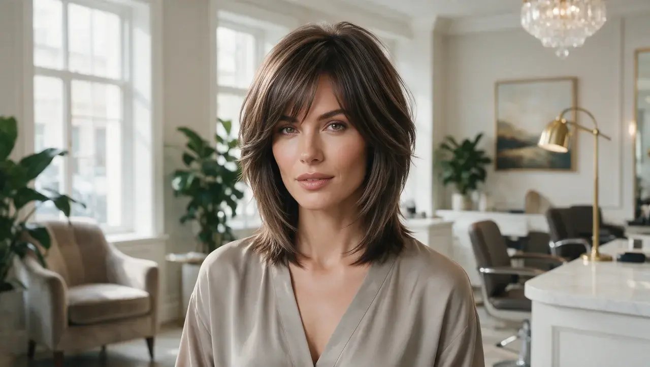 sleek shag hairstyle with smooth layered hair and polished finish