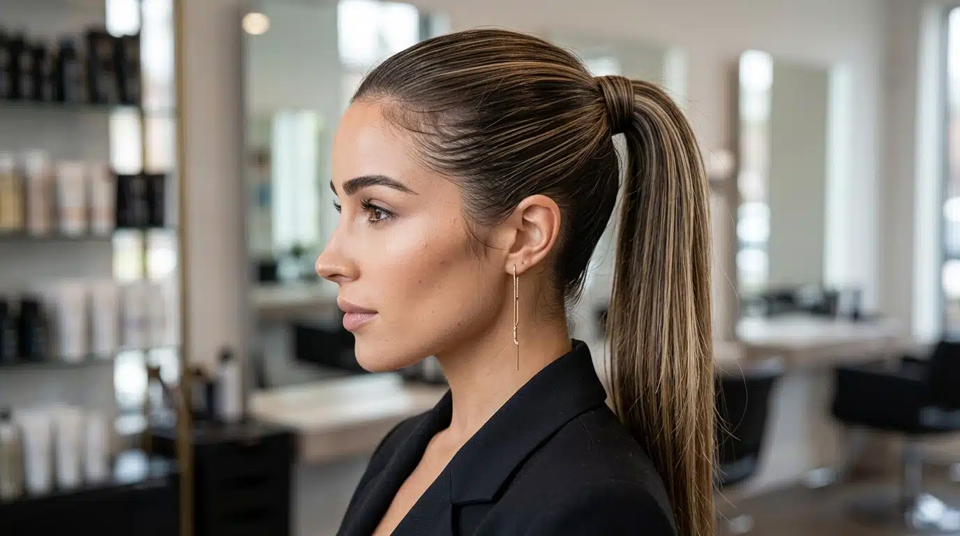 sleek high ponytail hairstyle with smooth pulled back hair and polished finish