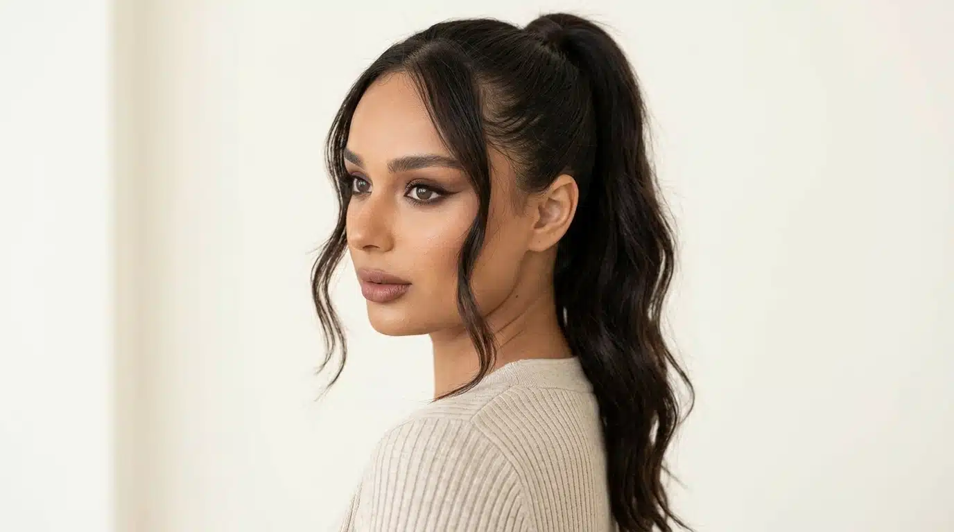 sleek ponytail hairstyle with loose face framing pieces around the cheeks