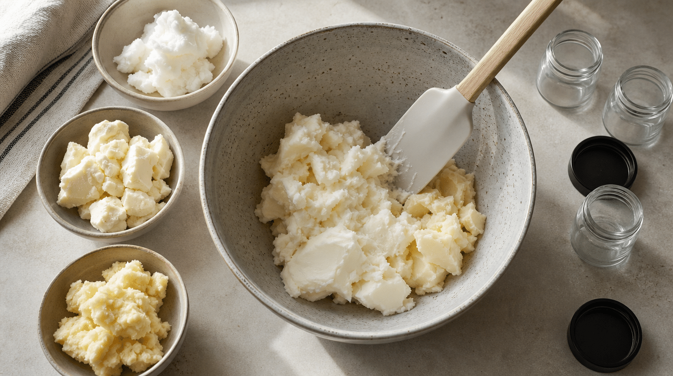 small bowls of shea cocoa and mango butter being blended with a spatula in a clean home skincare setup