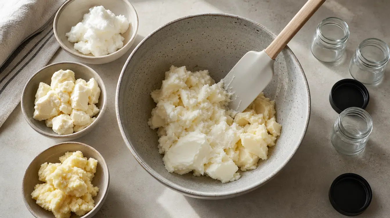 small bowls of shea cocoa and mango butter being blended with a spatula in a clean home skincare setup
