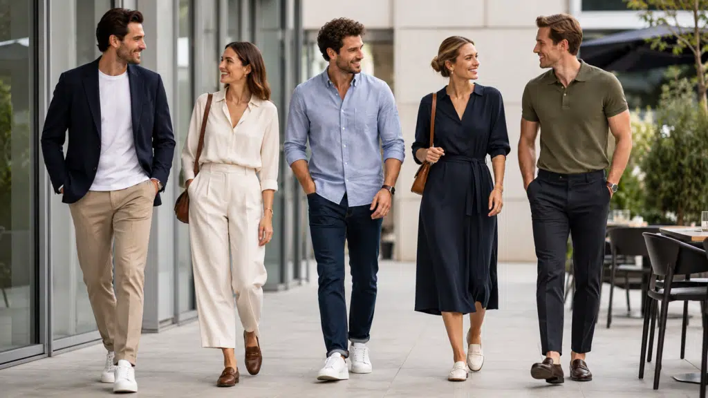 smart casual dress code outfits for men and women in modern stylish everyday clothing